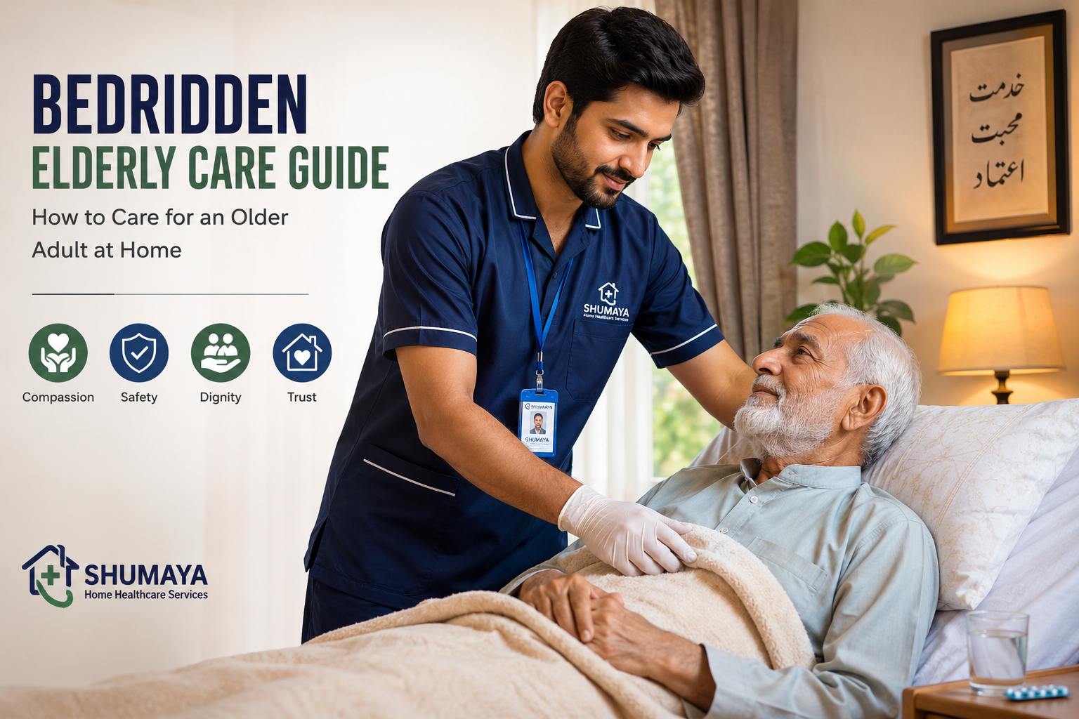 Male Pakistani nurse providing care to a bedridden elderly patient at home